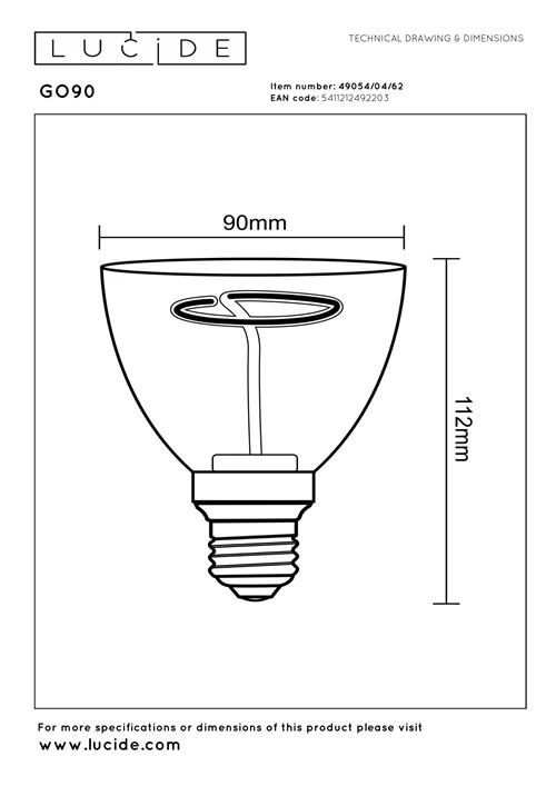 Lucide GO90 - Filament bulb - Ø 9 cm - LED Dim. - E27 - 1x3,5W 2200K - Amber - technical